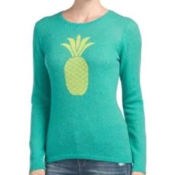 Hannah Rose Sweaters - Hannah Rose Women Green Yellow Pineapple 100% Cashmere Sweater NWT